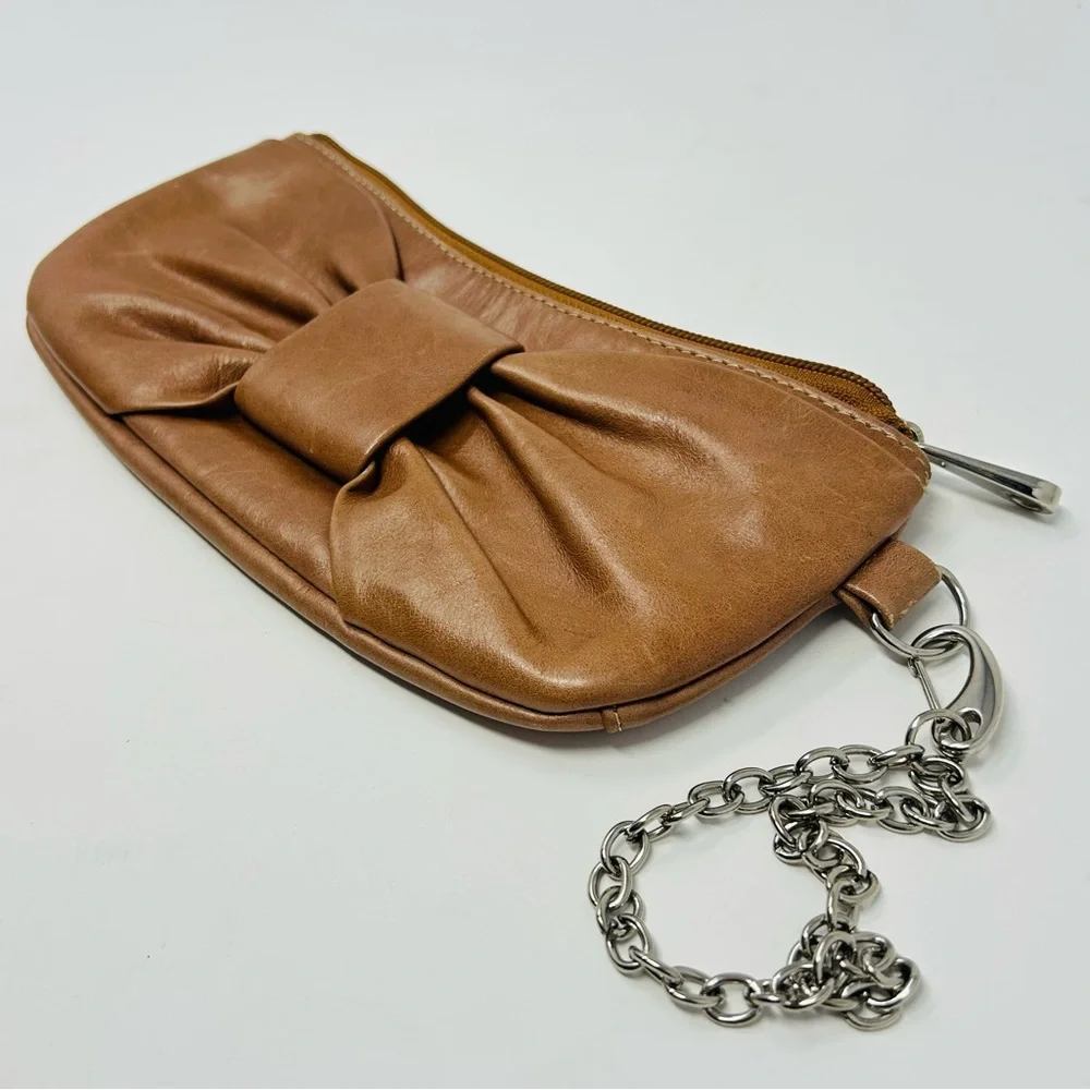 Carla Danelli Tan Brown Leather Bow Pochette Wristlet Purse‎